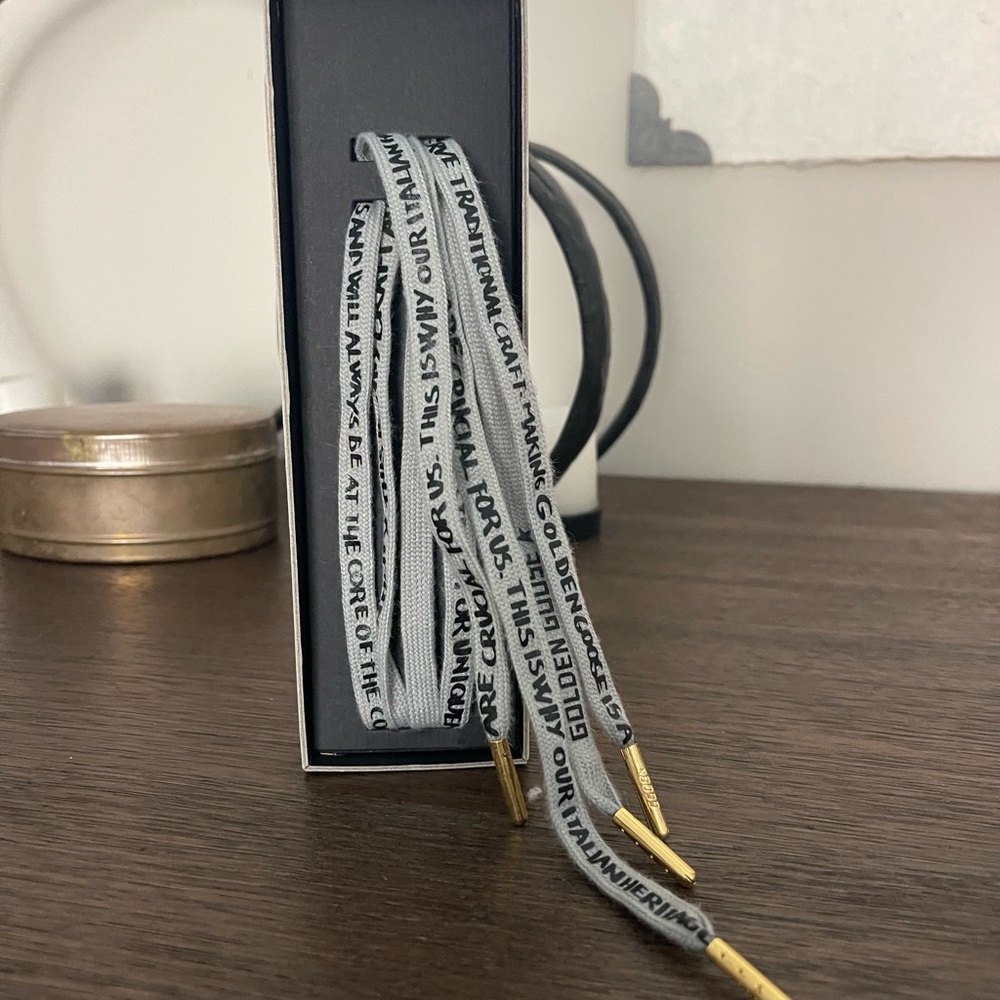Golden Goose Gray and Black Logo Cotton Shoelaces with Gold Tips